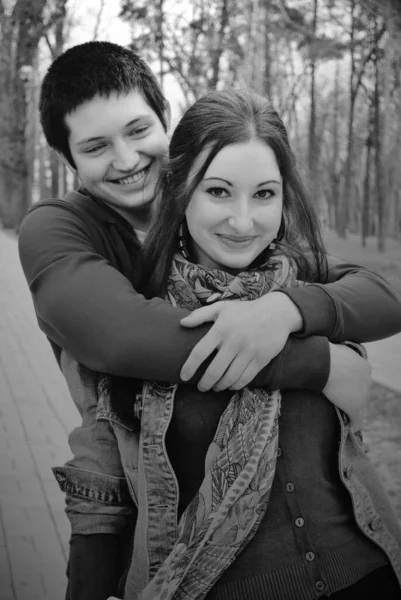 Couple Young People Embrace Street Happy See Each Other See — Stock Photo, Image