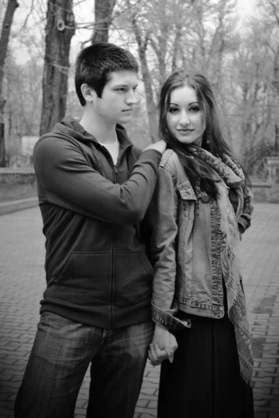 Couple Young People Embrace Street Happy See Each Other See — Stock Photo, Image