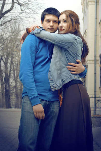 Couple Young People Embrace Street Happy See Each Other See — Stock Photo, Image