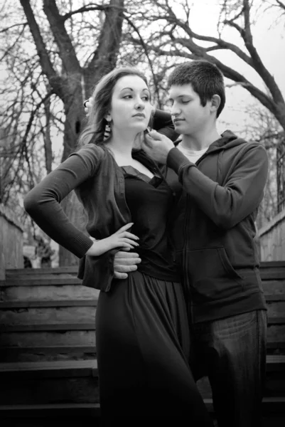 Couple Young People Embrace Street Happy See Each Other See — Stock Photo, Image