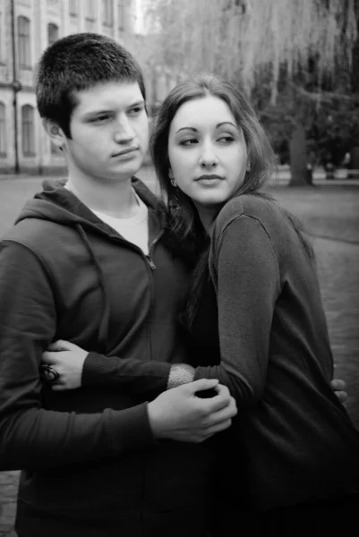 Couple Young People Embrace Street Happy See Each Other See — Stock Photo, Image