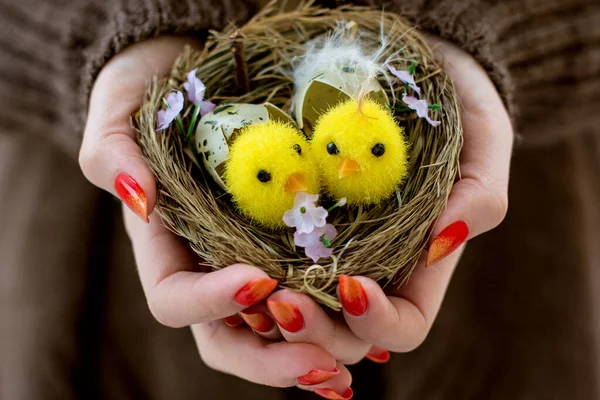 Ostern Kleine Gelbe Hühner Den Händen — Stockfoto