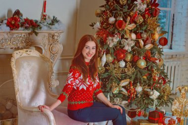 Evde rahat bir Noel atmosferi, tatilde bir kadın, kadın yaşam tarzı 