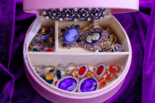 Bright Beautiful Jewelry Casket Fashionable Ladies Concept Fashion Style Accessories — Stock Photo, Image