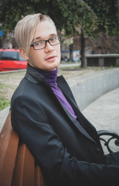 Handsome guy walking around, Student at city street, college or university lifestyle time 