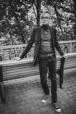 Handsome guy walking around, Student at city street, college or university lifestyle time 