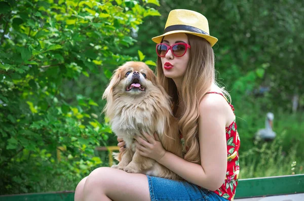 Summer vibes, girl with golden pekingese dog, relax at hot summer days