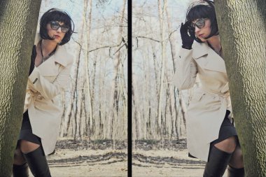 Güzel, iri yarı, montlu bir Amerikan kadını. Hanımlar için güzel bir sonbahar tarzı. Eski moda modern kıyafetler.