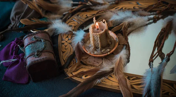 Старий Світ Магічні Атрибути Ритуалів Передбачення Долі Деталі Столі Відьом — стокове фото