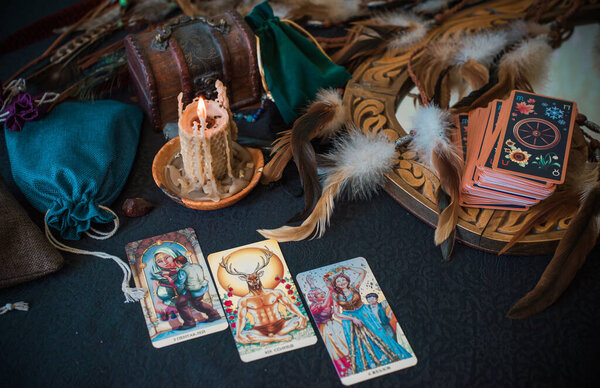 Europe, Ukraine. Kiev June 27 : Illustrative Editorial. Mystical atmosphere, view of tarot card on the table, esoteric concept, fortune telling and predictions