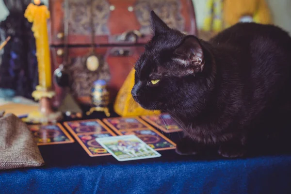 Tarot Kartları Kristal Küre Mumlar Cadı Sihirli Şişeleri Cadılık Esrarengiz — Stok fotoğraf