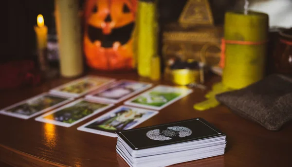 Mystical Atmosphere View Tarot Card Table Esoteric Concept Fortune Telling — Stock Photo, Image