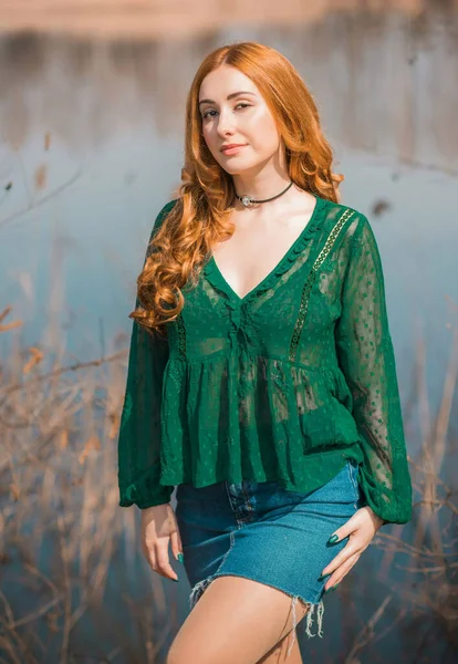 Modern Vintage Style Redhead Woman Green Blouse — Stock Photo, Image