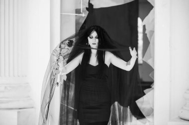 Siyah elbiseli gotik gelin, gül peçeli. Karanlık gelin, Cadılar Bayramı için kadınlar için parti fikirleri