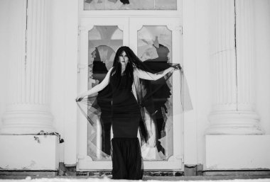 Siyah elbiseli gotik gelin, gül peçeli. Karanlık gelin, Cadılar Bayramı için kadınlar için parti fikirleri