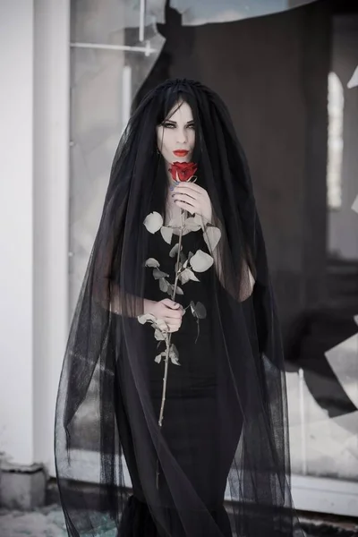 Gotische Bruid Zwarte Jurk Sluier Met Roos Donkere Bruid Ideeën — Stockfoto