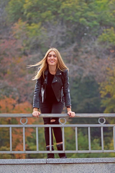 Mulher Moderna Moda Com Cabelo Loiro Longo Estilo Mistura Casual — Fotografia de Stock