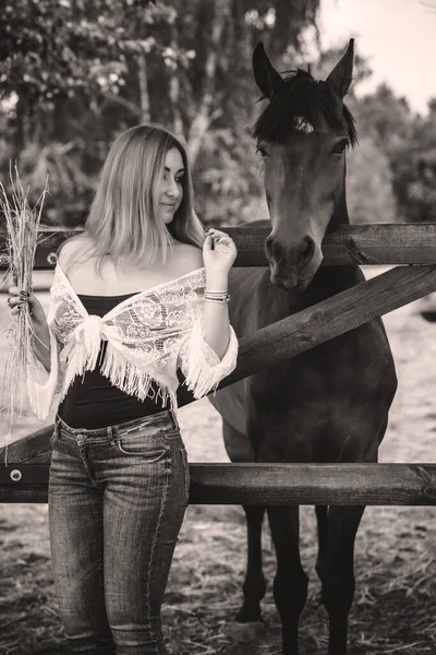 Frau Modischen Bohemian Casual Style Mit Pferden Auf Einem Bauernhof — Stockfoto