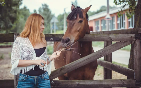 Donna Stile Casual Boemo Alla Moda Con Cavalli Una Fattoria — Foto Stock