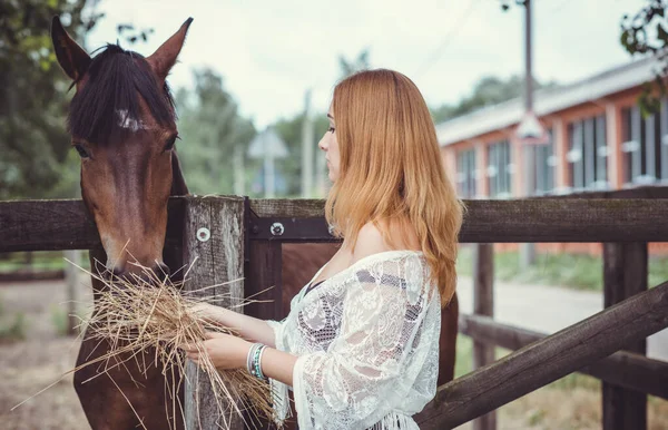 Kobieta Modnym Czeskim Stylu Casual Końmi Farmie Zwierzęta Domowe Miejscowości — Zdjęcie stockowe