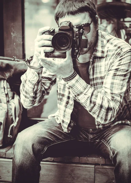 Man Camera Walks City Photographing Neighborhood Tourist Came See European — Stock Photo, Image