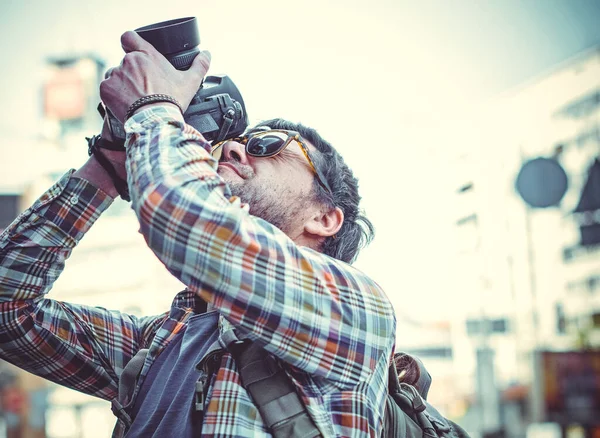 Man Camera Walks City Photographing Neighborhood Tourist Came See European — Stock Photo, Image