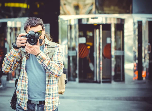 Man Camera Walks City Photographing Neighborhood Tourist Came See European — Stock Photo, Image