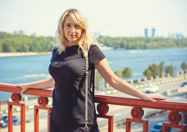 Blonde Hair Woman Black Dress Bag Citizen Walk European City — Stock Photo, Image