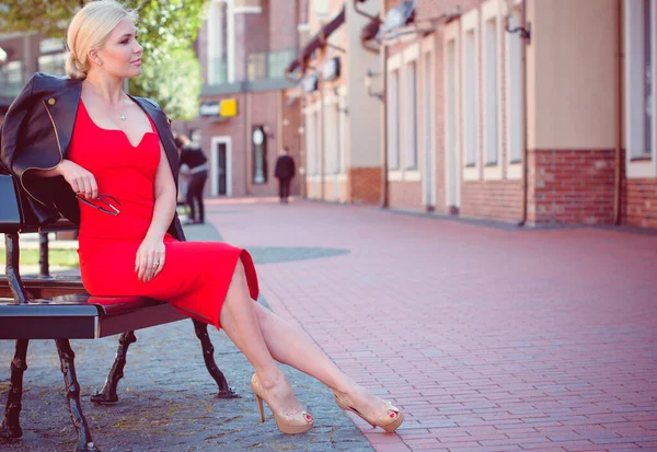 Fantastic Stylish Pretty Woman Shopping Europe Woman Red Dress Lather — Stock Photo, Image