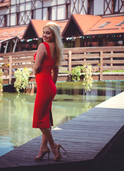 Fantastic Stylish Sexy Blond Hair Pretty Woman Wear Red Dress — Stock Photo, Image