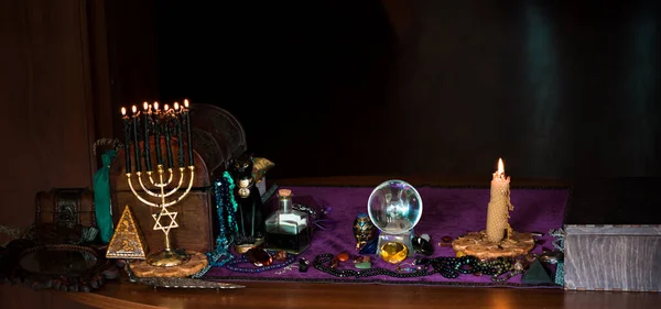 Old world, Magic attributes for rituals and fate prediction, details on a table of witch, occultism concept