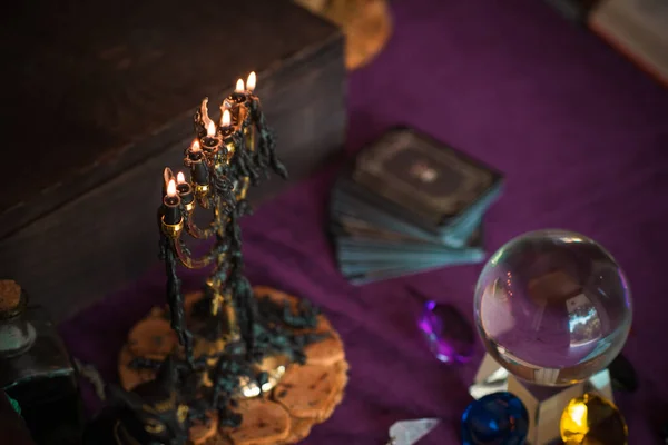 Régi Világ Magic Attribútumok Rituálék Sors Jóslat Részletek Asztalon Boszorkány — Stock Fotó