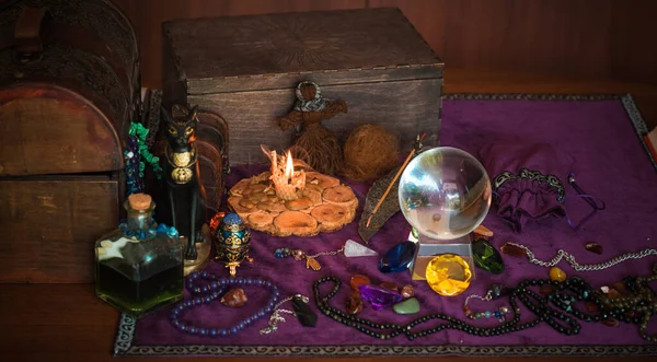 Old World Magic Attributes Rituals Fate Prediction Details Table Witch — Stock Photo, Image