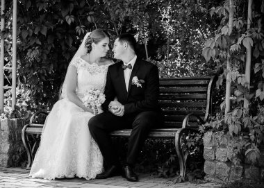 Keyifli öpücüklere sahip güzel bir düğün çifti. İhtiyacın olan tek şey aşk. Artı boyut hassasiyeti gelin ve genç damat.