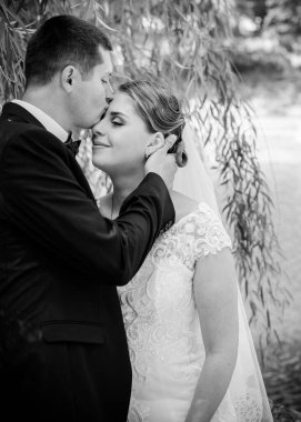 Keyifli öpücüklere sahip güzel bir düğün çifti. İhtiyacın olan tek şey aşk. Artı boyut hassasiyeti gelin ve genç damat.