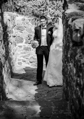 Keyifli öpücüklere sahip güzel bir düğün çifti. İhtiyacın olan tek şey aşk. Artı boyut hassasiyeti gelin ve genç damat.