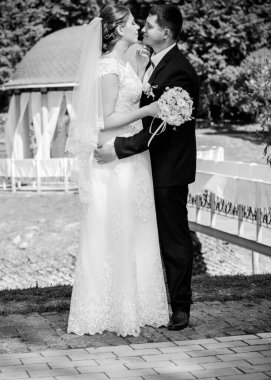 Düğün sonrası mutlu gelin ve damat. Damat gelinden daha genç. Düğün çifti, parkta yeni evliler öpüşüyor.