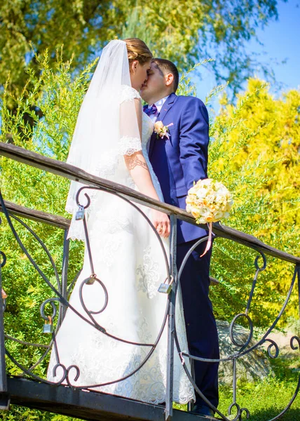 婚礼后新娘和新郎快乐 新郎比新娘年轻 新婚夫妇 新婚夫妇在公园接吻 — 图库照片