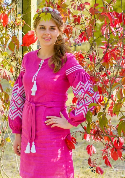 Egy Fiatal Szőke Lány Koszorúval Fején Rózsaszín Hímzett Vászonruhába Öltözik — Stock Fotó