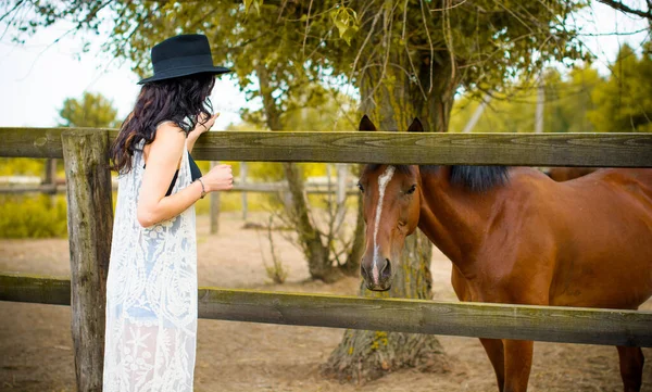 Vrouw Met Zwarte Hoed Met Brunette Krullend Haar Zwarte Jurk — Stockfoto