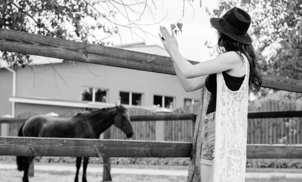 戴着黑色帽子的女人 一头乌黑的卷发 穿着黑色衣服 农场里还有马 在村子里的牧场里养动物 马是人类的朋友 — 图库照片