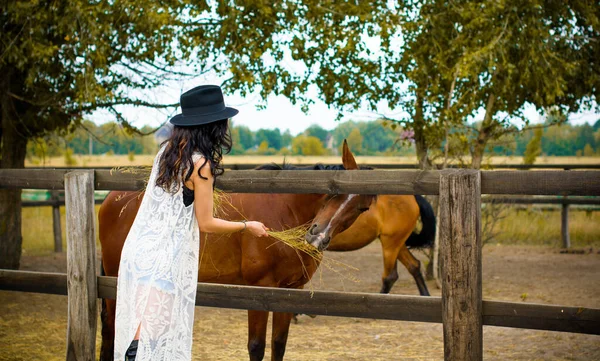 모자를 곱슬곱슬 머리에 드레스를 농장에서 마을에서 동물을 기르는 인간의 친구다 — 스톡 사진