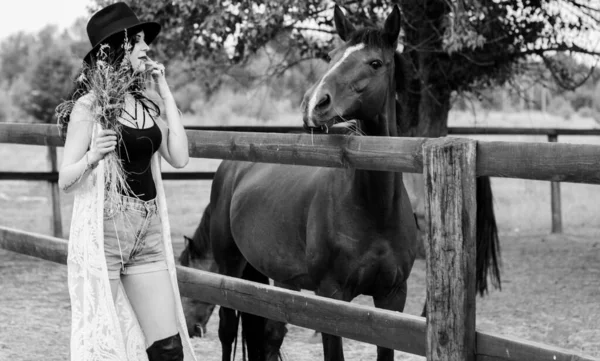 Žena Černém Klobouku Kudrnatými Vlasy Černými Šaty Koňmi Farmě Domácí — Stock fotografie