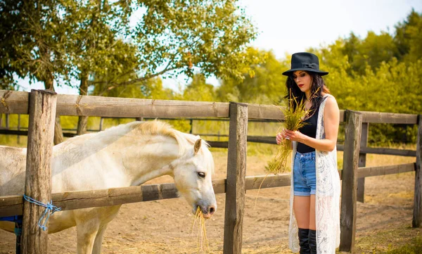 Woman Black Hat Brunette Curly Hair Black Dress Horses Farm — Stock Photo, Image