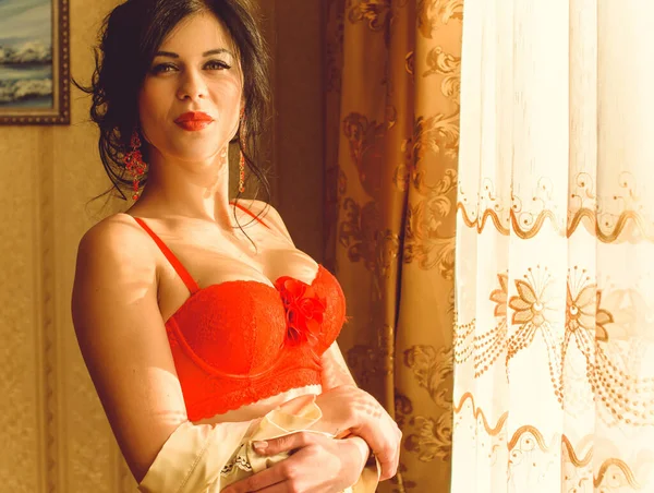 Σέξι Όμορφη Κοπέλα Κόκκινα Εσώρουχα Ωραία Σέξι Μελαχρινή Ποζάροντας Δαντελωτά — Φωτογραφία Αρχείου