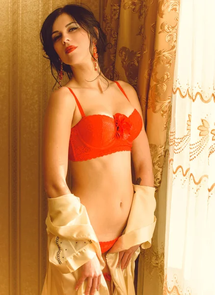 Сексуальна Красива Дівчина Червоному Нижньому Одязі Гарна Сексуальна Брюнетка Позує — стокове фото