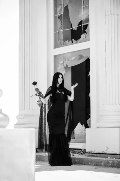 Femme Robe Longue Noire Style Gothique Dame Gothique Classique Style — Photo