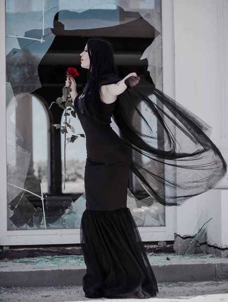 Siyah Uzun Elbiseli Kadın Gotik Tarzda Klasik Bayan Gotik Victoria — Stok fotoğraf