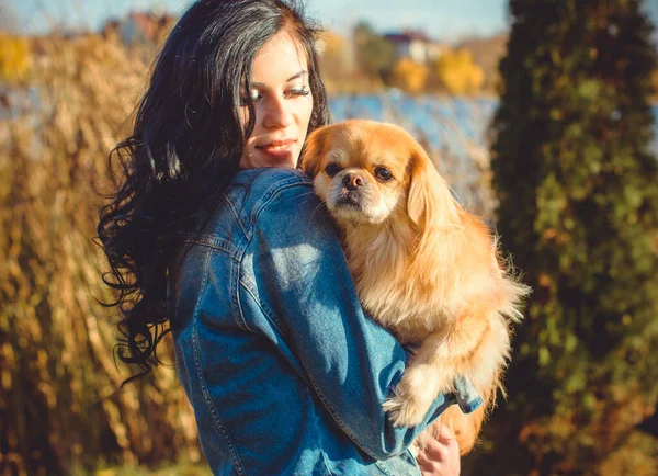 Berjalan Seorang Wanita Muda Dengan Anjing Saat Matahari Terbenam Anjing — Stok Foto