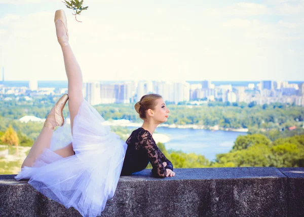 穿着白色晚礼服的年轻女子在绿色的风景中跳舞 秀丽的芭蕾舞演员向空中展示经典的芭蕾舞姿势 女性柔情与和谐生活的概念 Ballerina项目 — 图库照片